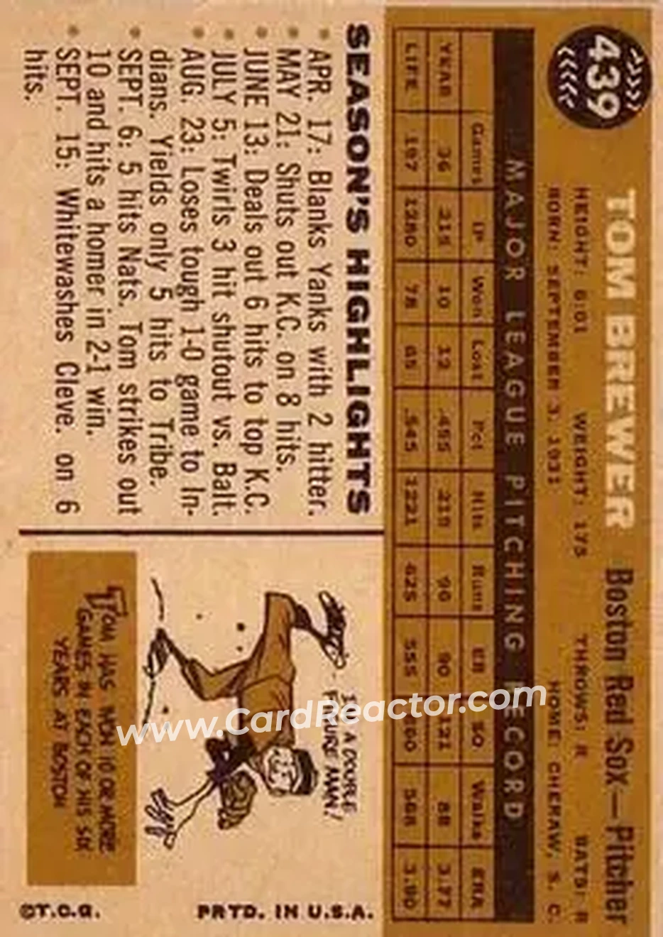 1960 Topps #439 - Tom Brewer - Boston Red Sox - Back