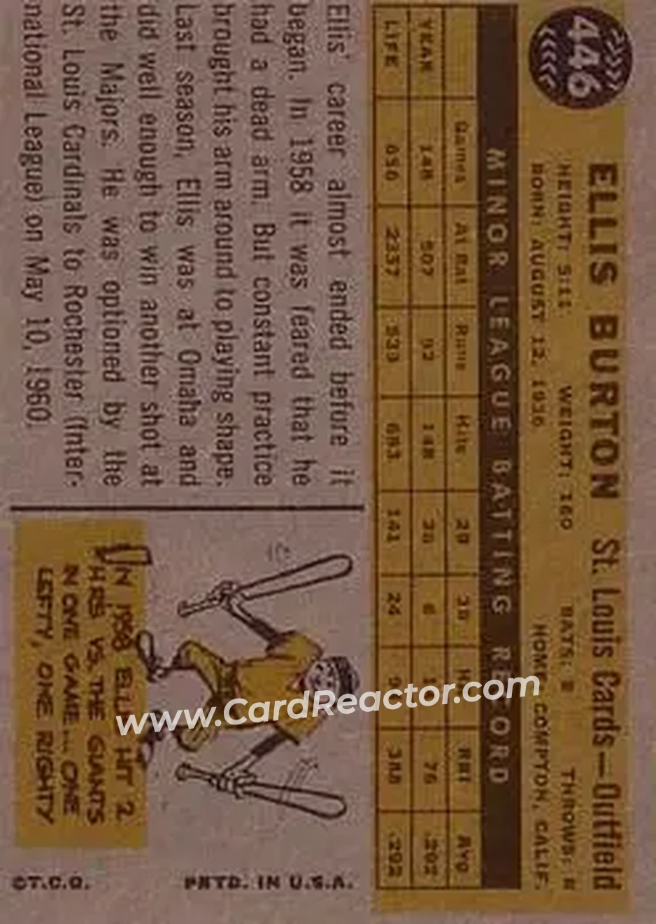 1960 Topps #446 - Ellis Burton - St. Louis Cardinals - Back