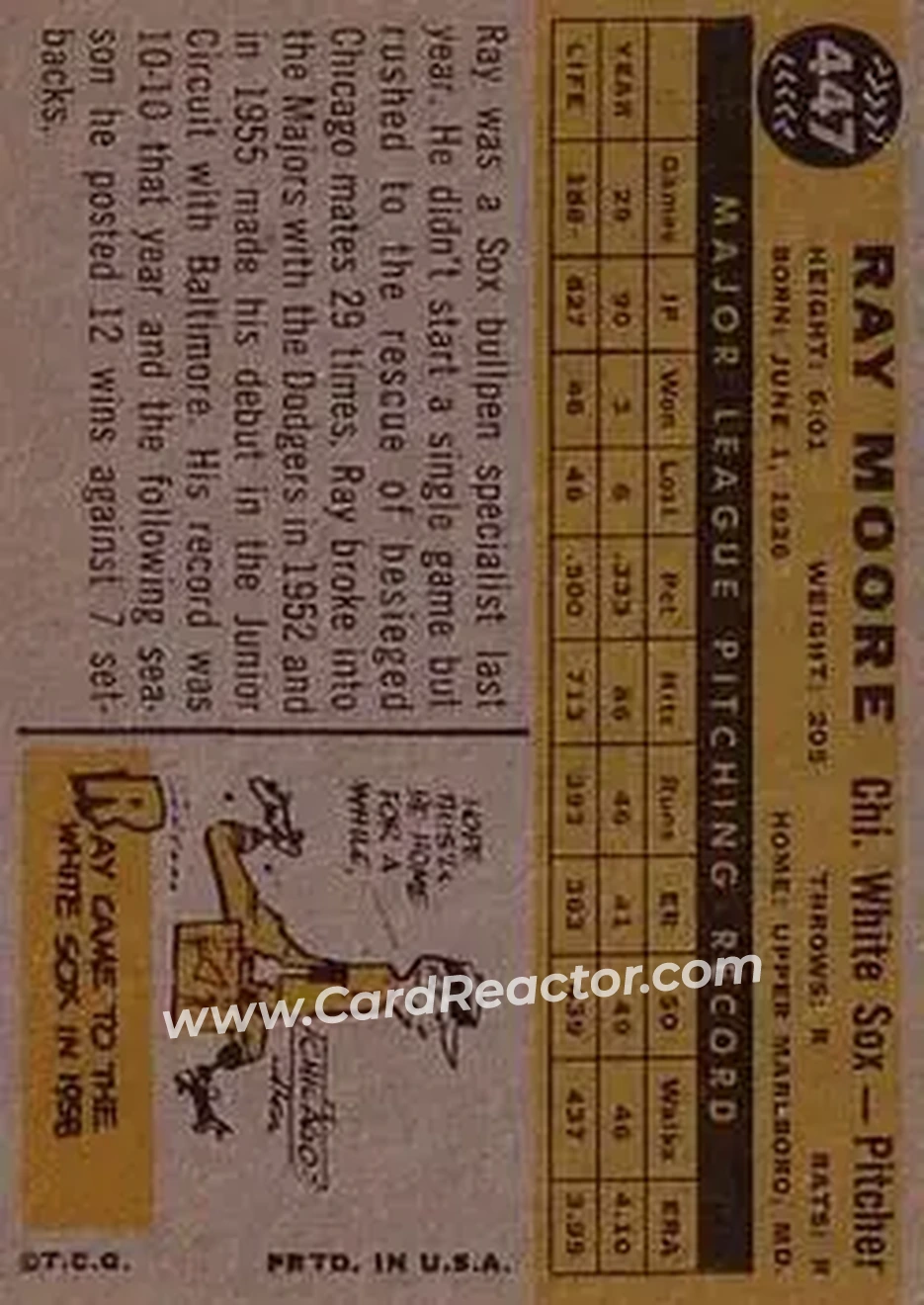 1960 Topps #447 - Ray Moore - Chicago White Sox - Back