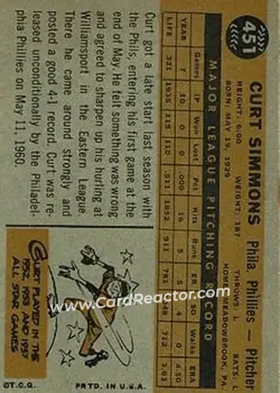 1960 Topps #451 - Curt Simmons - Philadelphia Phillies - Back 1960 Topps #451 - Curt Simmons - Philadelphia Phillies - Back