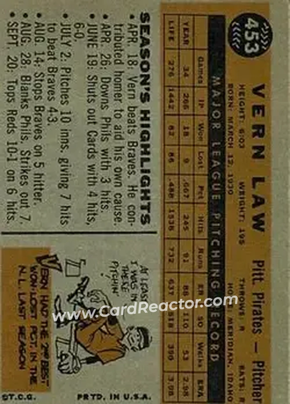1960 Topps #453 - Vern Law - Pittsburgh Pirates - Back 1960 Topps #453 - Vern Law - Pittsburgh Pirates - Back
