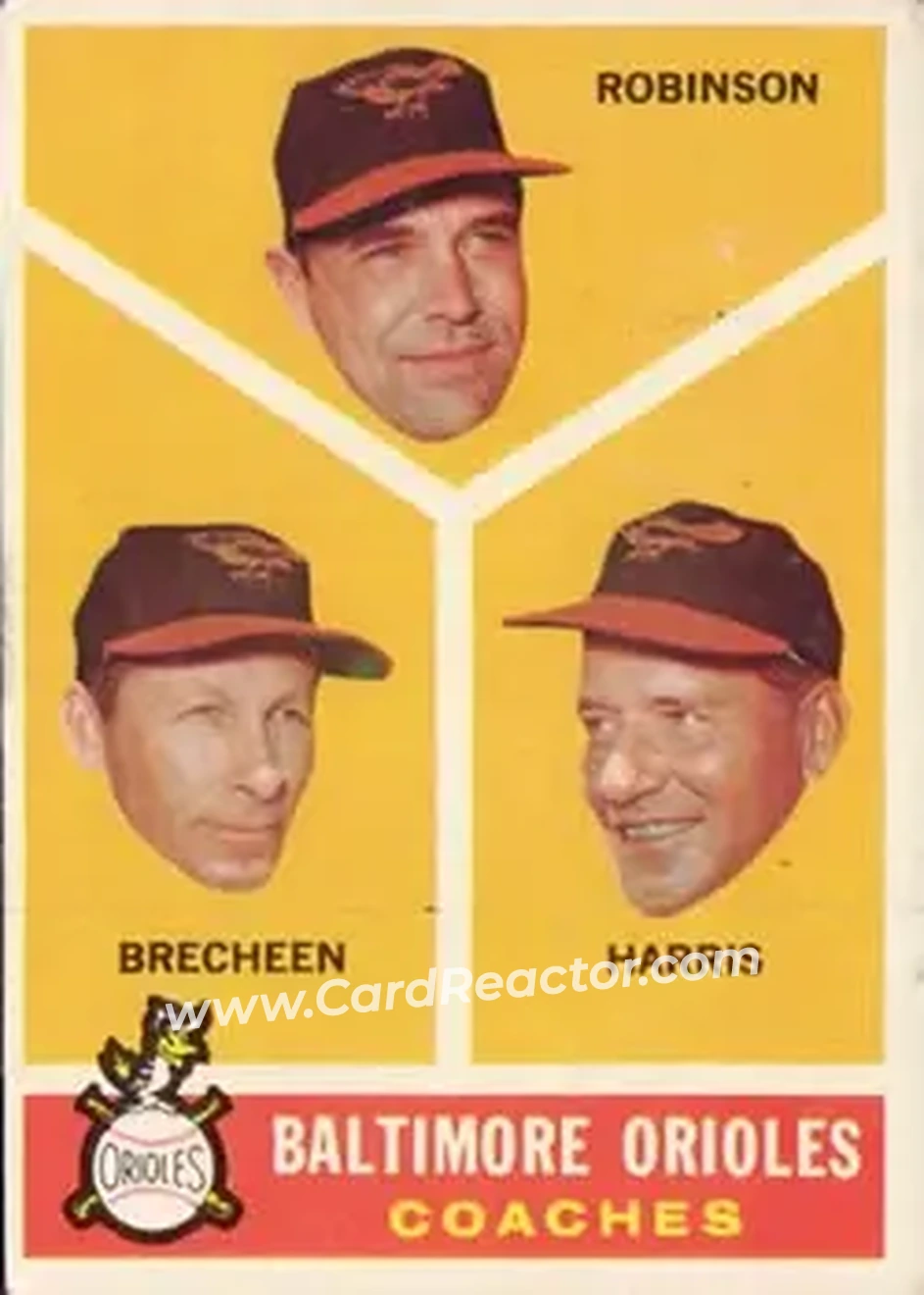 1960 Topps #455 - Baltimore Orioles Coaches (Eddie Robinson - Harry Brecheen - Lum Harris) CO, RC - Baltimore Orioles - Baltimore Orioles - Front 1960 Topps #455 - Baltimore Orioles Coaches (Eddie Robinson - Harry Brecheen - Lum Harris) CO, RC - Baltimore Orioles - Baltimore Orioles - Front
