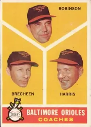 1960 Topps #455 - Baltimore Orioles Coaches (Eddie Robinson - Harry Brecheen - Lum Harris) CO, RC - Baltimore Orioles - Baltimore Orioles