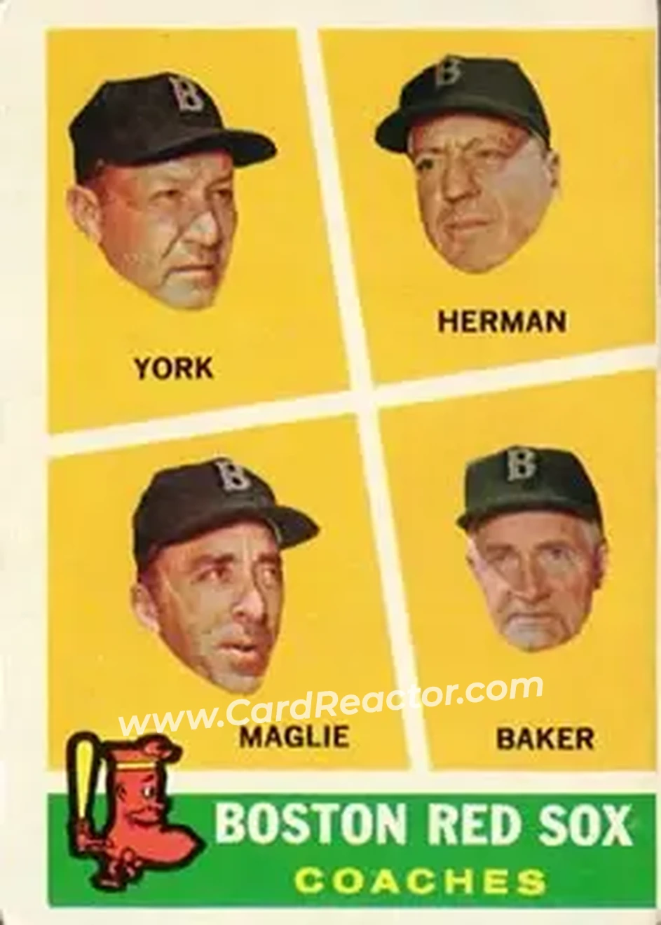 1960 Topps #456 - Boston Red Sox Coaches (Rudy York - Billy Herman - Sal Maglie - Del Baker) CO - Boston Red Sox - Boston Red Sox - Front 1960 Topps #456 - Boston Red Sox Coaches (Rudy York - Billy Herman - Sal Maglie - Del Baker) CO - Boston Red Sox - Boston Red Sox - Front
