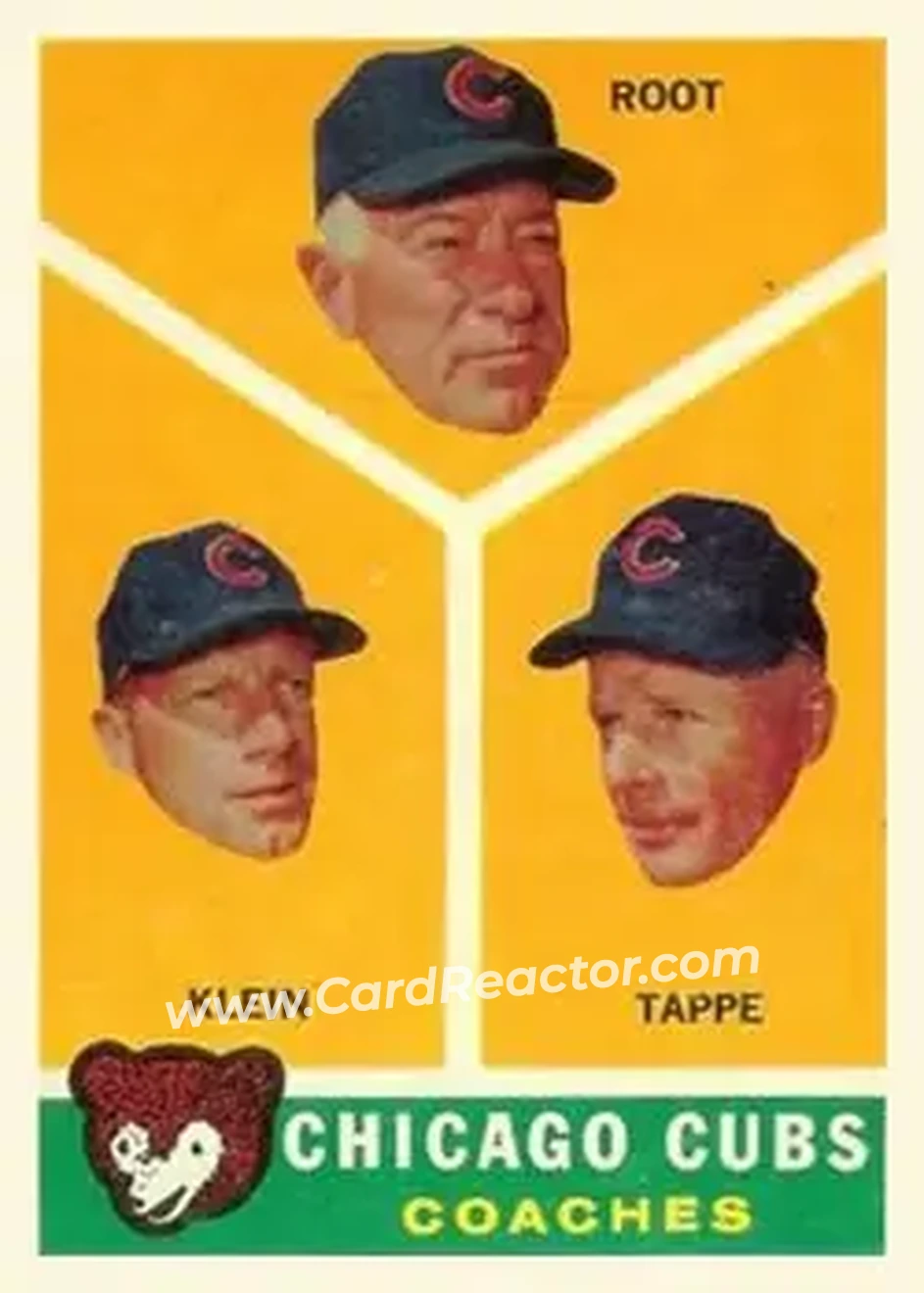 1960 Topps #457 - Chicago Cubs Coaches (Charlie Root - Lou Klein - Elvin Tappe) CO - Chicago Cubs - Chicago Cubs - Front 1960 Topps #457 - Chicago Cubs Coaches (Charlie Root - Lou Klein - Elvin Tappe) CO - Chicago Cubs - Chicago Cubs - Front