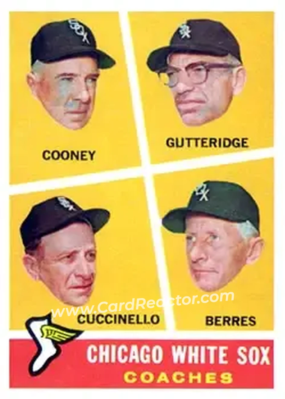 1960 Topps #458 - Chicago White Sox Coaches (Johnny Cooney - Don Gutteridge - Tony Cuccinello - Ray Berres) CO, RC - Chicago White Sox - Chicago White Sox - Front 1960 Topps #458 - Chicago White Sox Coaches (Johnny Cooney - Don Gutteridge - Tony Cuccinello - Ray Berres) CO, RC - Chicago White Sox - Chicago White Sox - Front