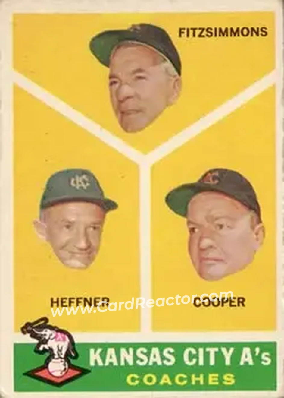 1960 Topps #462 - Kansas City A's Coaches (Fred Fitzsimmons - Don Heffner - Walker Cooper) CO - Kansas City Athletics - Kansas City Athletics - Front 1960 Topps #462 - Kansas City A's Coaches (Fred Fitzsimmons - Don Heffner - Walker Cooper) CO - Kansas City Athletics - Kansas City Athletics - Front