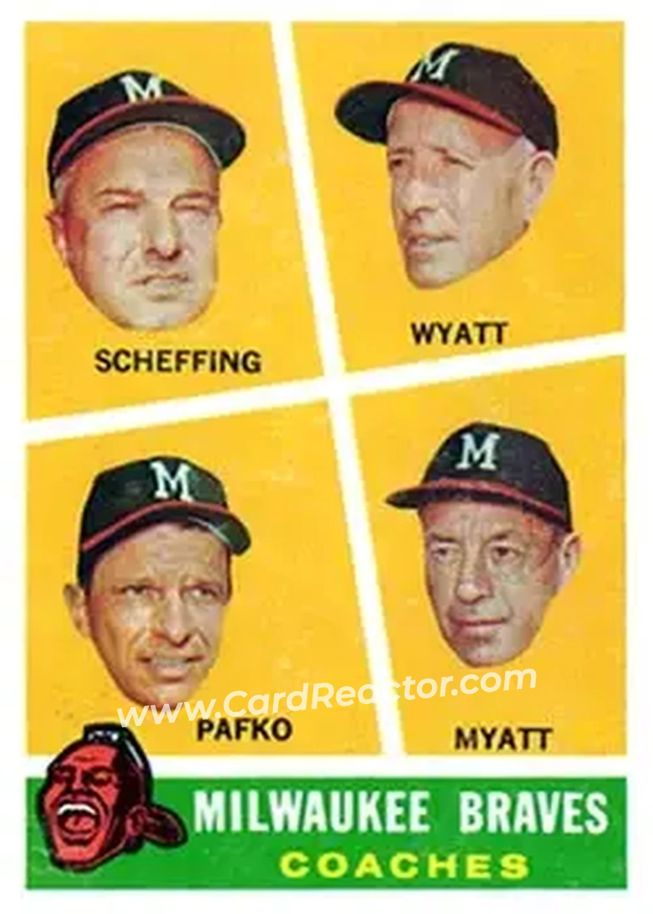 1960 Topps #464 - Milwaukee Braves Coaches (Bob Scheffing - Whitlow Wyatt - Andy Pafko - George Myatt) CO - Milwaukee Braves - Milwaukee Braves - Front 1960 Topps #464 - Milwaukee Braves Coaches (Bob Scheffing - Whitlow Wyatt - Andy Pafko - George Myatt) CO - Milwaukee Braves - Milwaukee Braves - Front