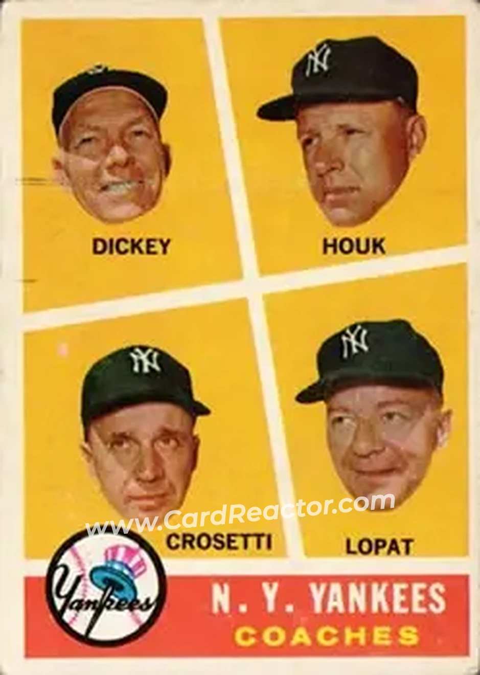 1960 Topps #465 - N.Y. Yankees Coaches (Bill Dickey - Ralph Houk - Frank Crosetti - Ed Lopat) CO - New York Yankees - New York Yankees - Front 1960 Topps #465 - N.Y. Yankees Coaches (Bill Dickey - Ralph Houk - Frank Crosetti - Ed Lopat) CO - New York Yankees - New York Yankees - Front