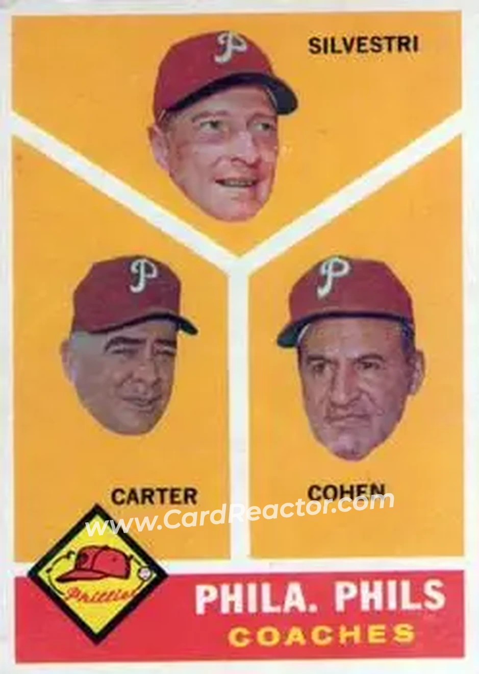 1960 Topps #466 - Phila. Phils Coaches (Ken Silvestri - Dick Carter - Andy Cohen) CO - Philadelphia Phillies - Philadelphia Phillies - Front 1960 Topps #466 - Phila. Phils Coaches (Ken Silvestri - Dick Carter - Andy Cohen) CO - Philadelphia Phillies - Philadelphia Phillies - Front