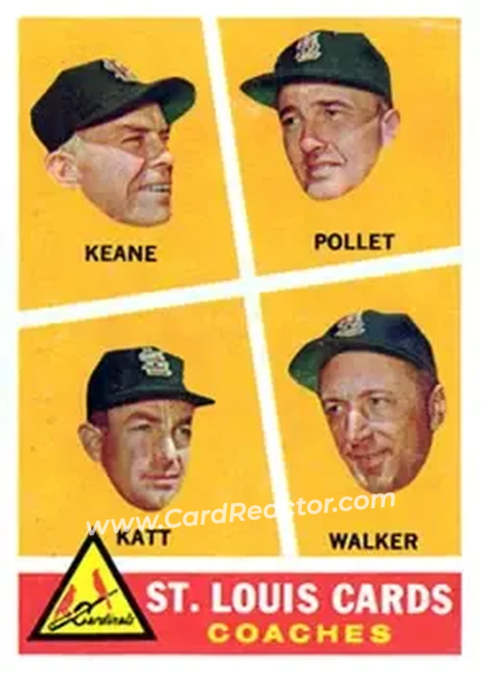 1960 Topps #468 - St. Louis Cards Coaches (Johnny Keane - Howie Pollet - Ray Katt - Harry Walker) CO - St. Louis Cardinals - St. Louis Cardinals - Front 1960 Topps #468 - St. Louis Cards Coaches (Johnny Keane - Howie Pollet - Ray Katt - Harry Walker) CO - St. Louis Cardinals - St. Louis Cardinals - Front
