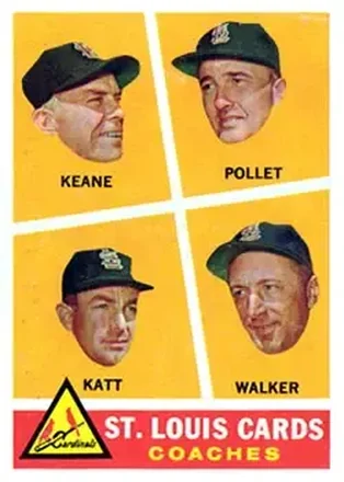 1960 Topps #468 - St. Louis Cards Coaches (Johnny Keane - Howie Pollet - Ray Katt - Harry Walker) CO - St. Louis Cardinals - St. Louis Cardinals