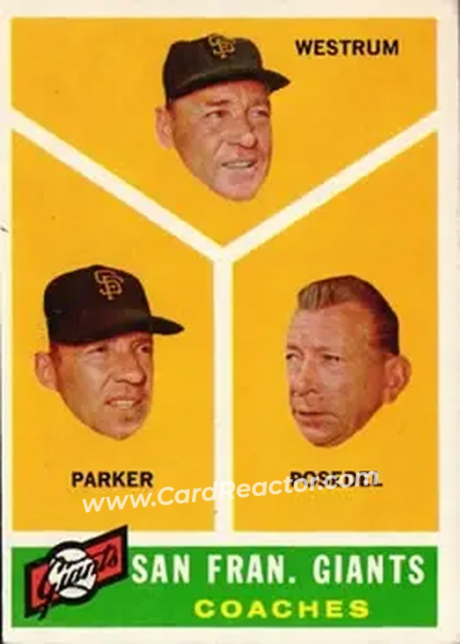 1960 Topps #469 - San Fran. Giants Coaches (Wes Westrum - Salty Parker - Bill Posedel) CO - San Francisco Giants - San Francisco Giants - Front 1960 Topps #469 - San Fran. Giants Coaches (Wes Westrum - Salty Parker - Bill Posedel) CO - San Francisco Giants - San Francisco Giants - Front