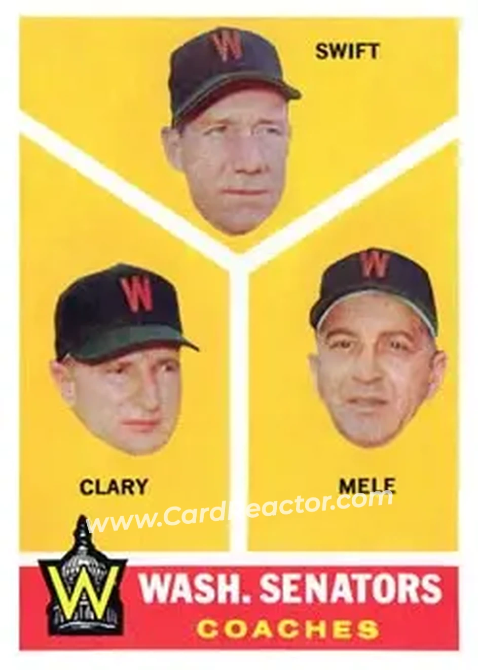 1960 Topps #470 - Wash. Senators Coaches (Bob Swift - Ellis Clary - Sam Mele) CO - Washington Senators - Washington Senators - Front 1960 Topps #470 - Wash. Senators Coaches (Bob Swift - Ellis Clary - Sam Mele) CO - Washington Senators - Washington Senators - Front