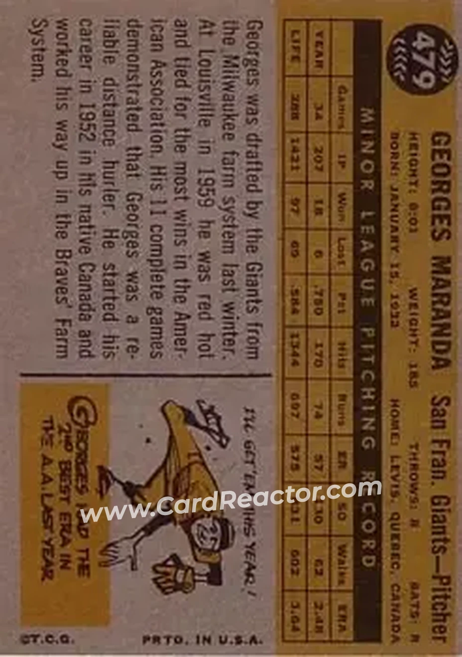 1960 Topps #479 - Georges Maranda - San Francisco Giants - Back 1960 Topps #479 - Georges Maranda - San Francisco Giants - Back
