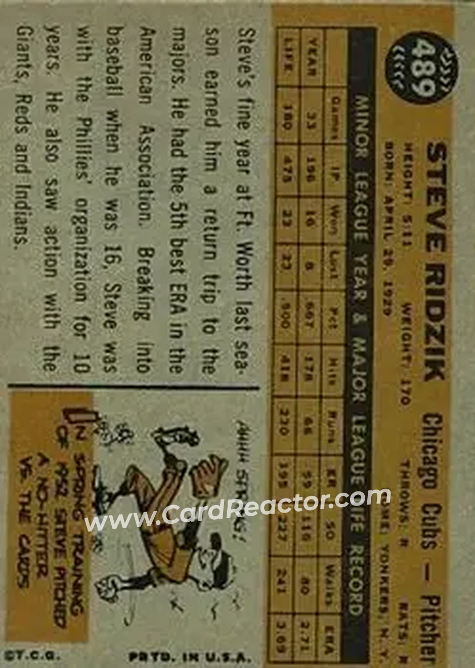 1960 Topps #489 - Steve Ridzik - Chicago Cubs - Back