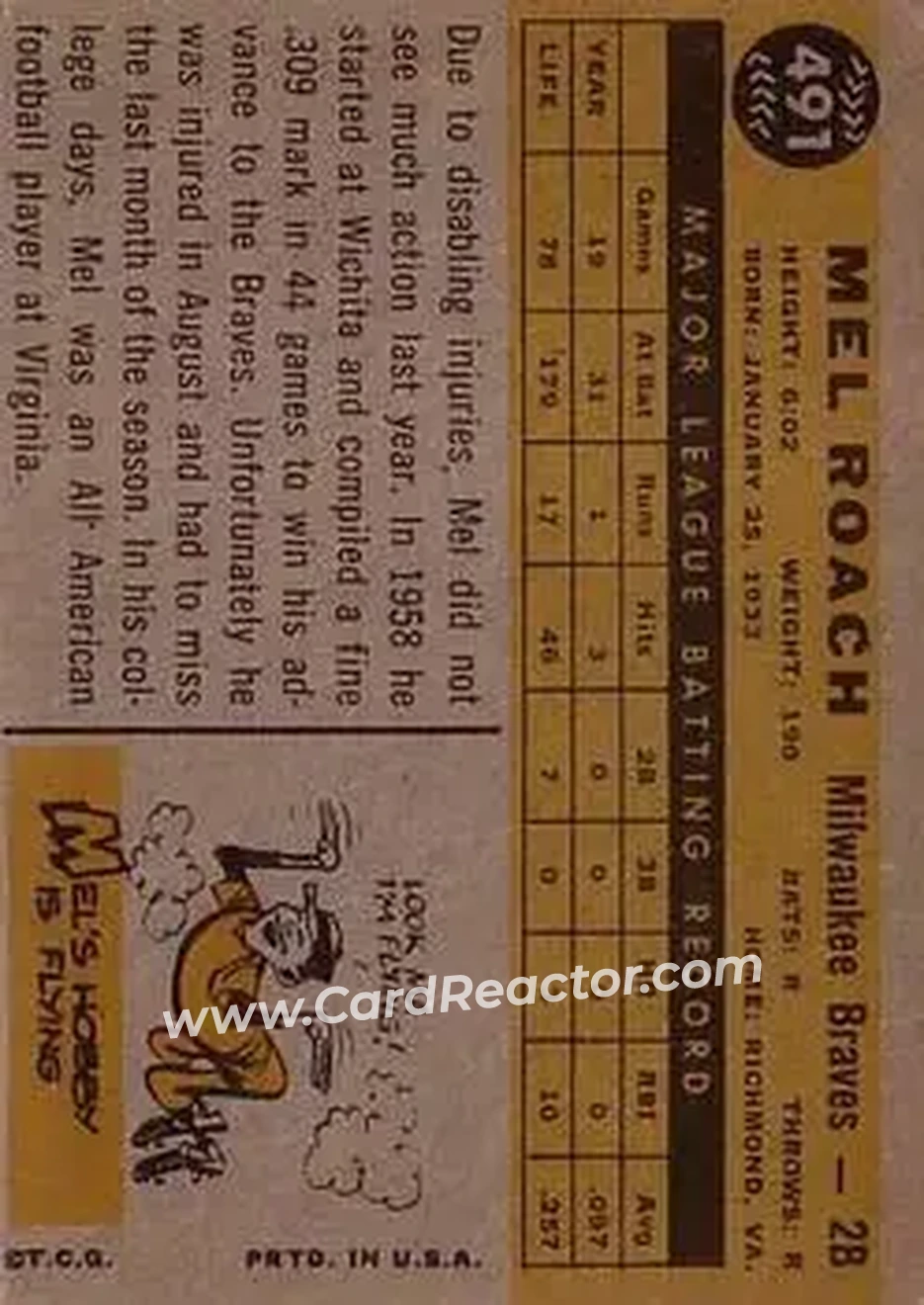 1960 Topps #491 - Mel Roach - Milwaukee Braves - Back