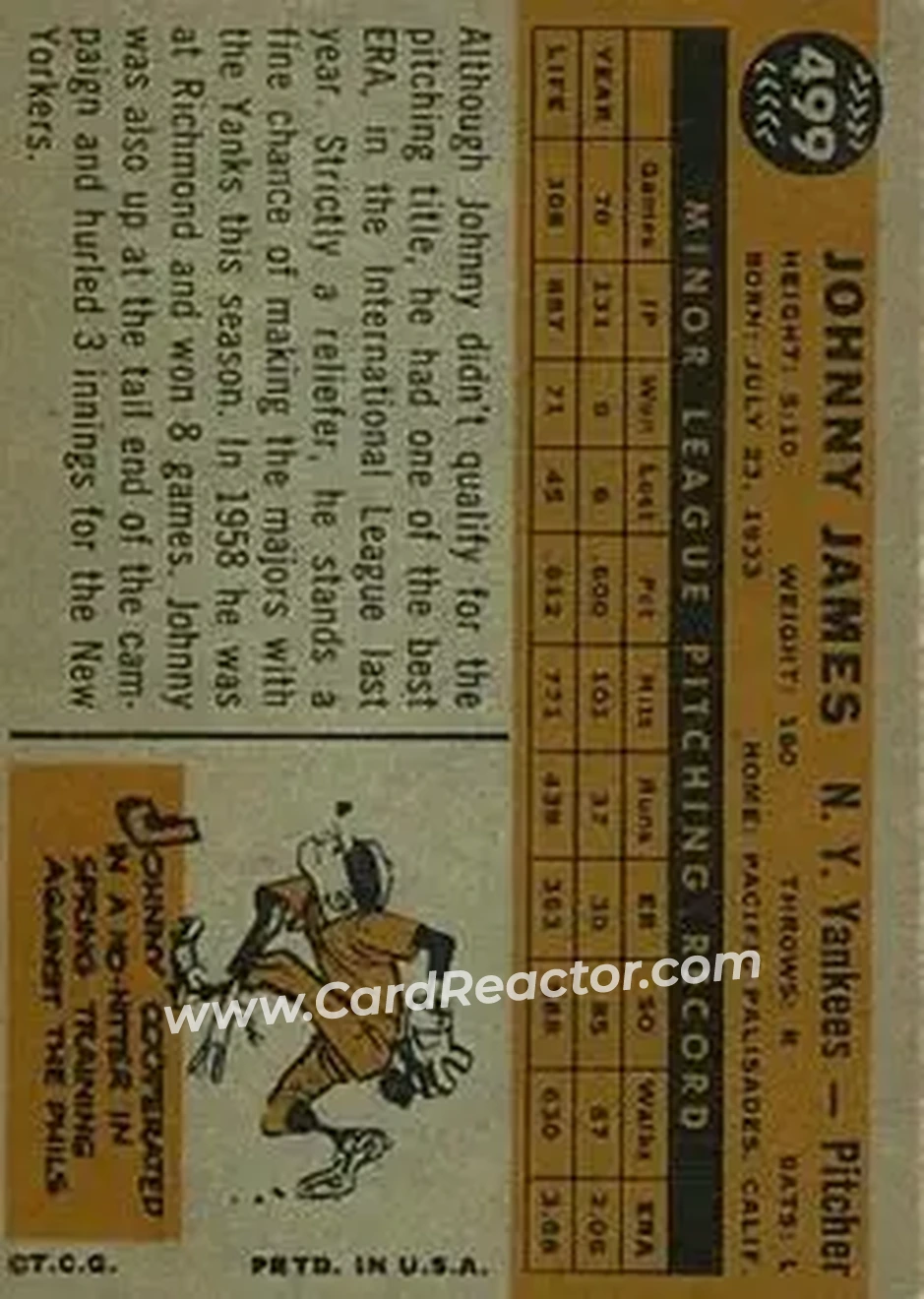 1960 Topps #499 - Johnny James - New York Yankees - Back 1960 Topps #499 - Johnny James - New York Yankees - Back
