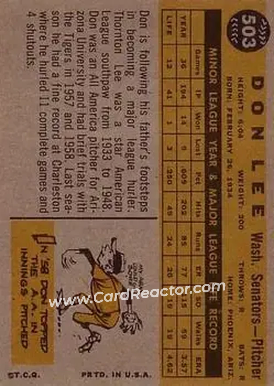1960 Topps #503 - Don Lee - Washington Senators - Back