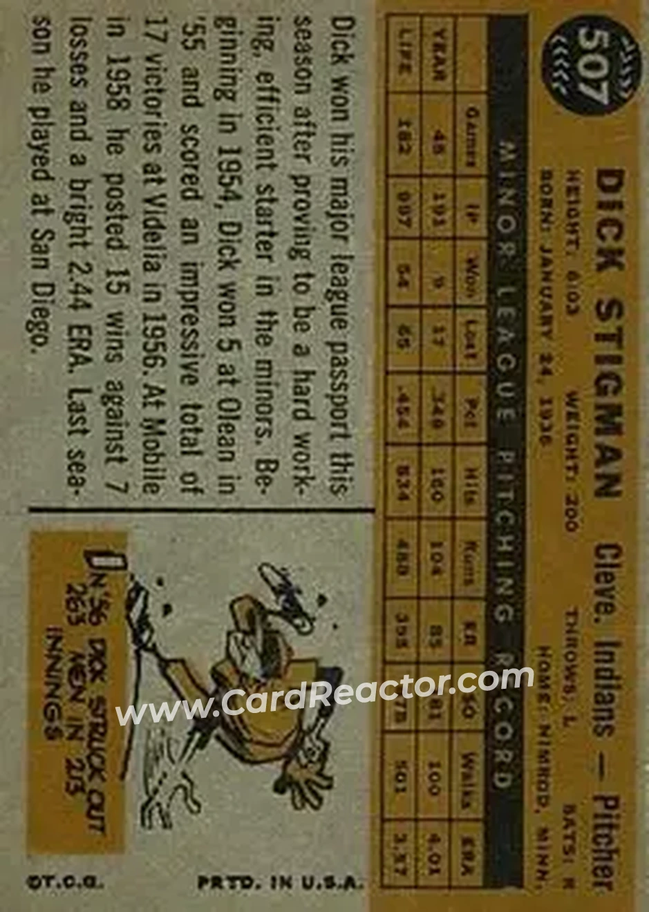 1960 Topps #507 - Dick Stigman - Cleveland Indians - Back 1960 Topps #507 - Dick Stigman - Cleveland Indians - Back