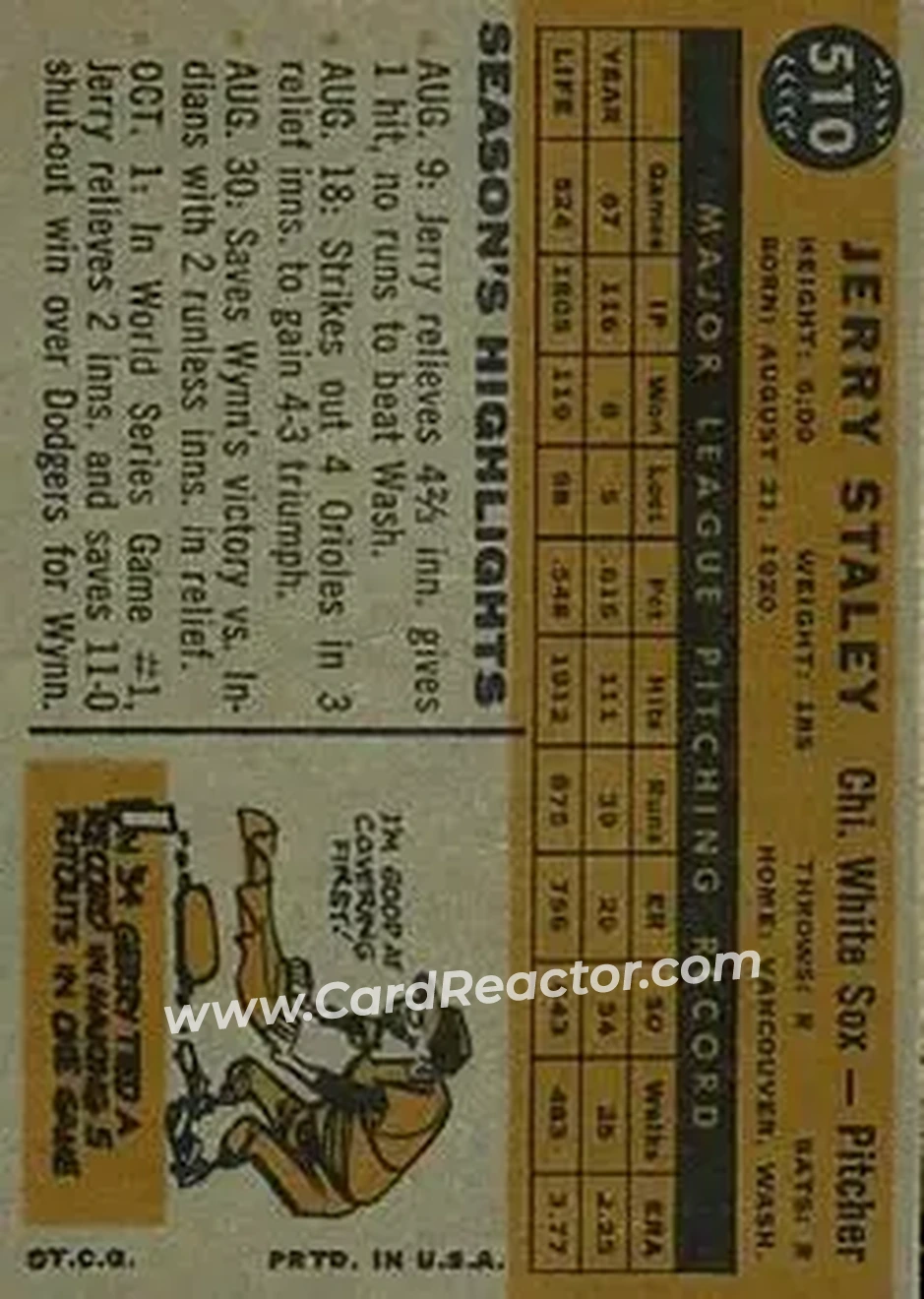 1960 Topps #510 - Gerry Staley - Chicago White Sox - Back 1960 Topps #510 - Gerry Staley - Chicago White Sox - Back