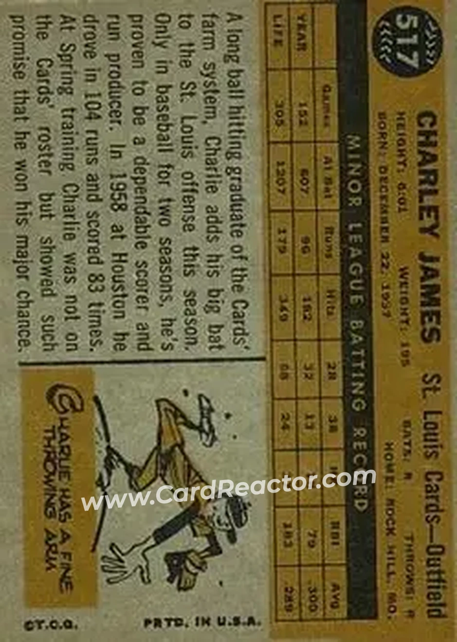 1960 Topps #517 - Charley James - St. Louis Cardinals - Back