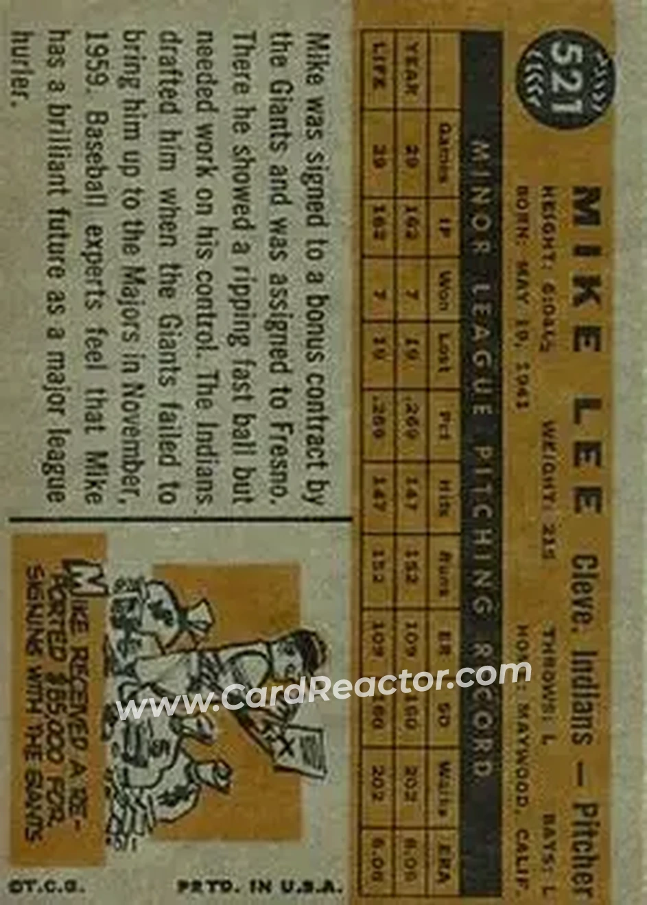 1960 Topps #521 - Mike Lee - Cleveland Indians - Back