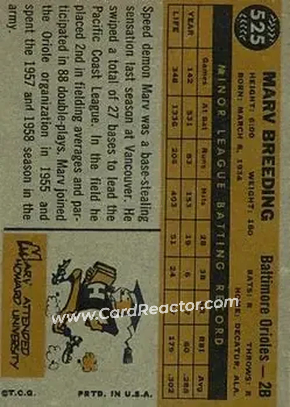 1960 Topps #525 - Marv Breeding - Baltimore Orioles - Back