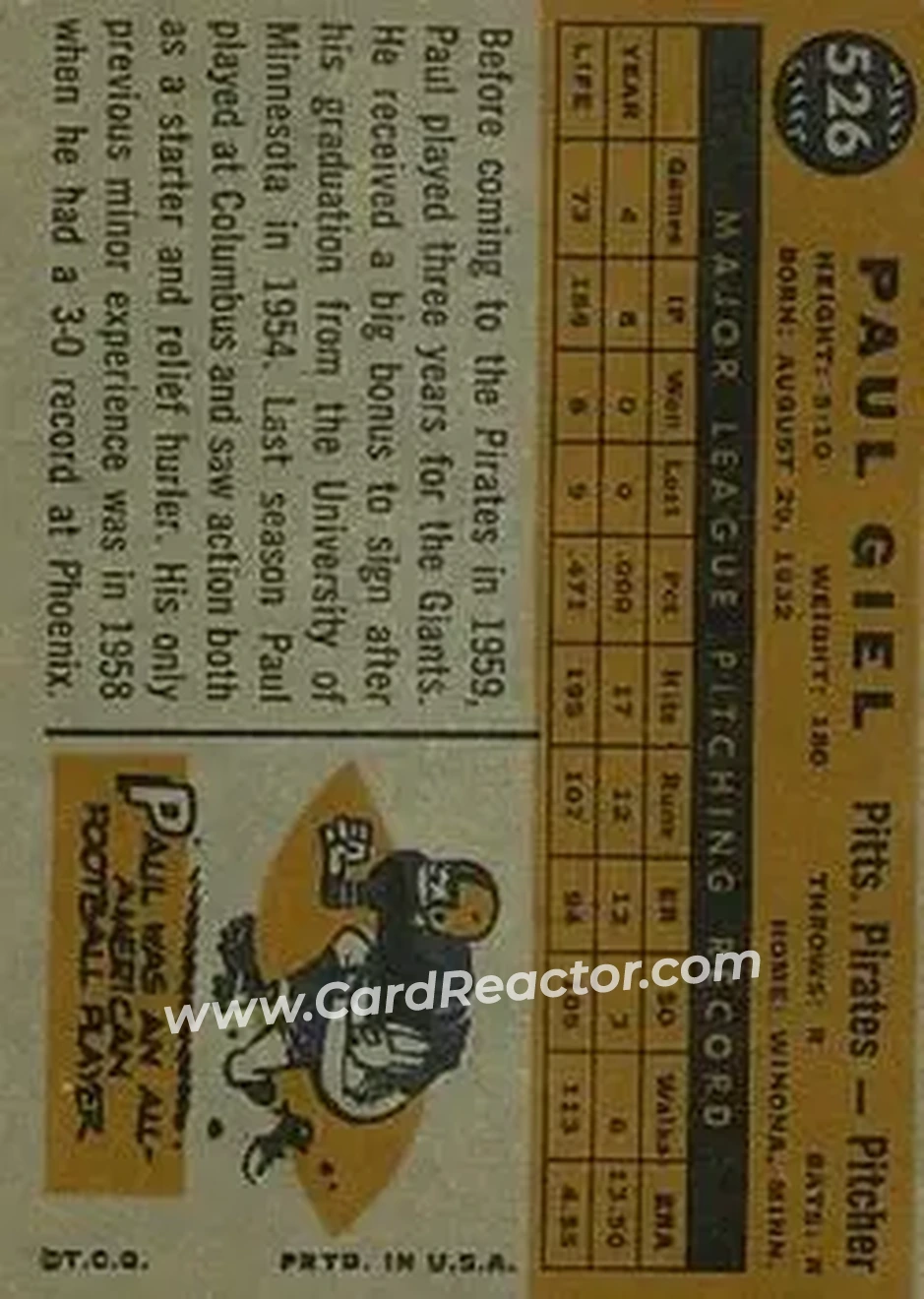 1960 Topps #526 - Paul Giel - Pittsburgh Pirates - Back 1960 Topps #526 - Paul Giel - Pittsburgh Pirates - Back