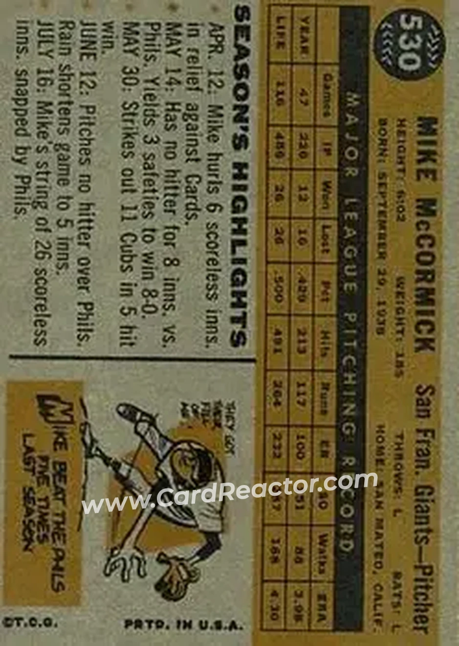 1960 Topps #530 - Mike McCormick - San Francisco Giants - Back 1960 Topps #530 - Mike McCormick - San Francisco Giants - Back