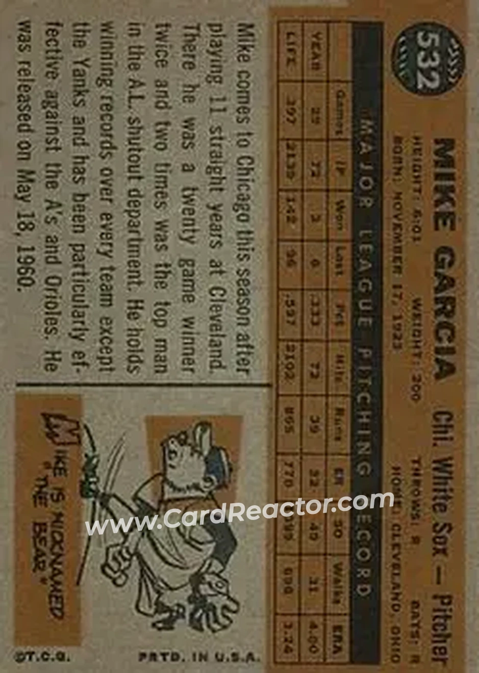 1960 Topps #532 - Mike Garcia - Chicago White Sox - Back