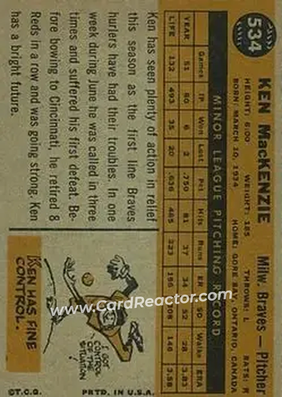 1960 Topps #534 - Ken MacKenzie - Milwaukee Braves - Back