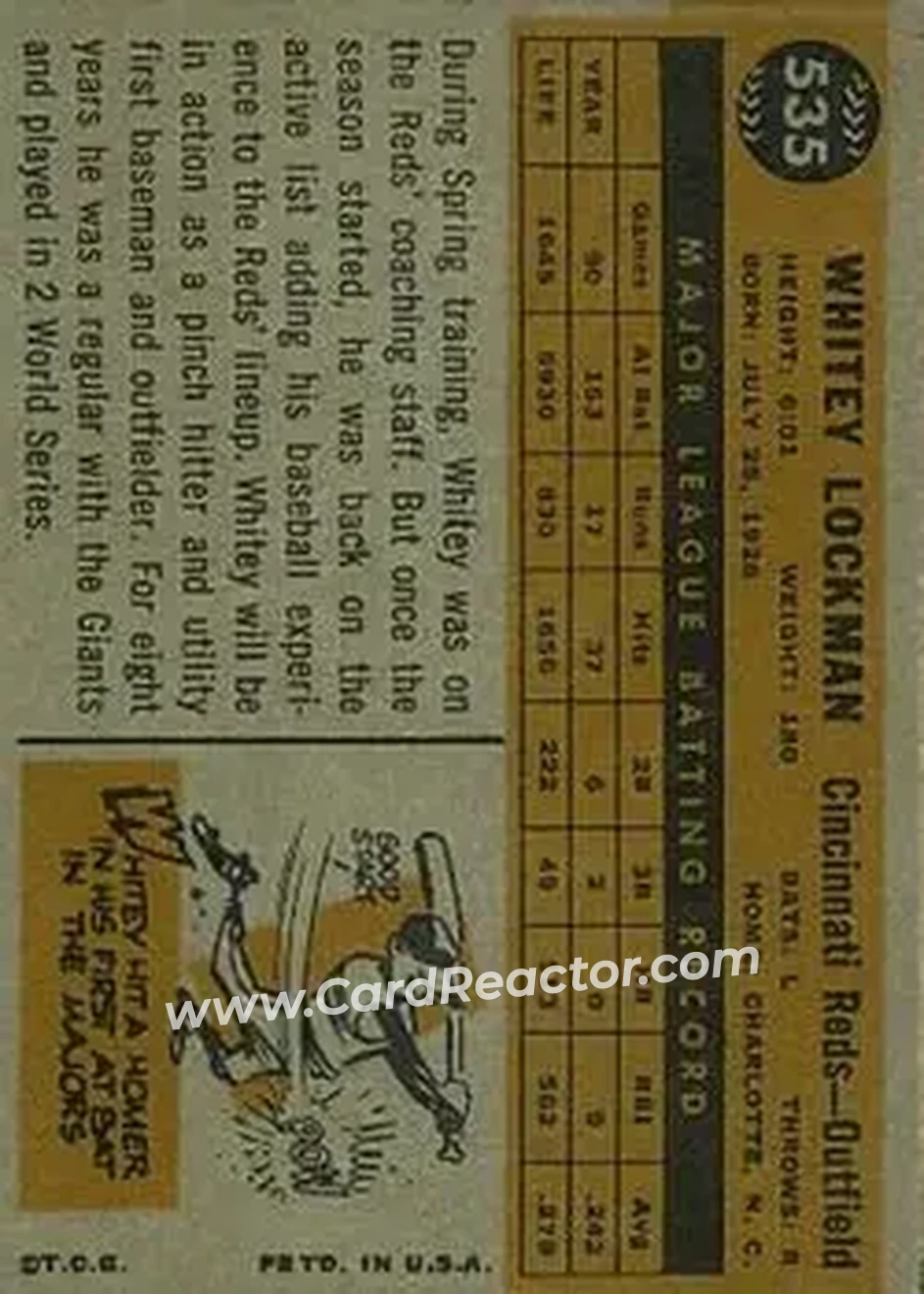 1960 Topps #535 - Carroll Lockman - Cincinnati Reds - Back