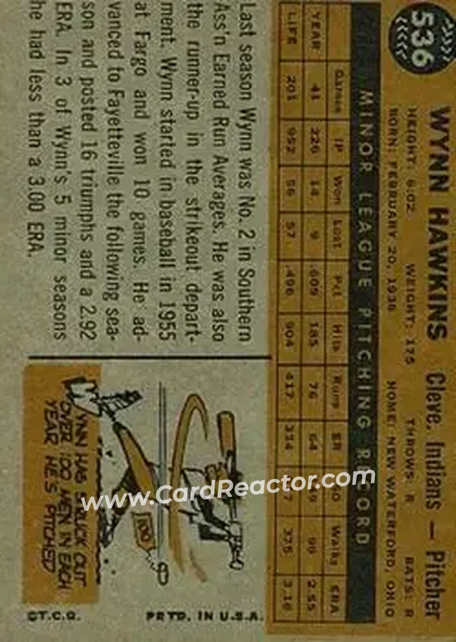 1960 Topps #536 - Wynn Hawkins - Cleveland Indians - Back 1960 Topps #536 - Wynn Hawkins - Cleveland Indians - Back