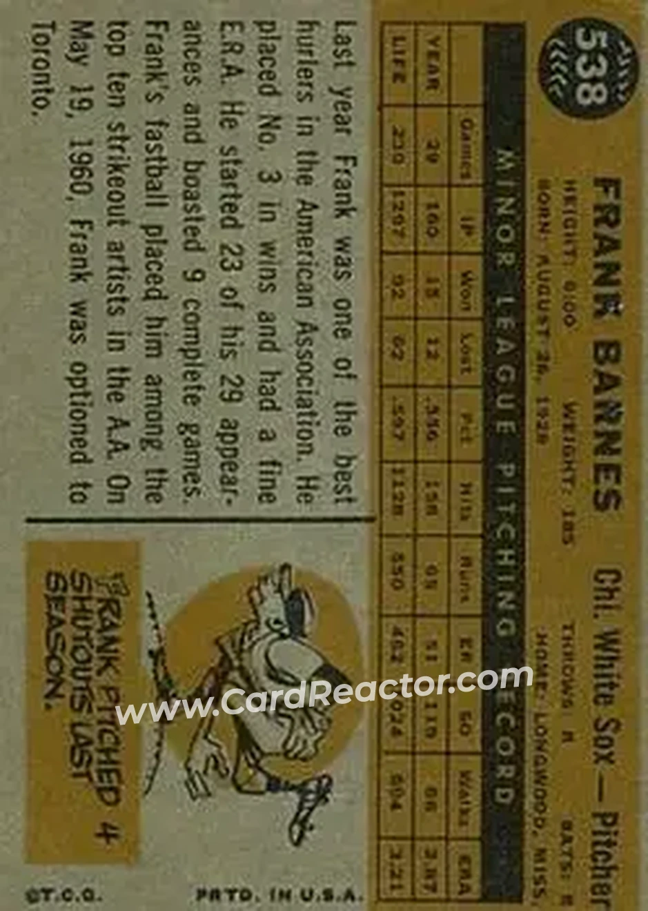 1960 Topps #538 - Frank Barnes - Chicago White Sox - Back 1960 Topps #538 - Frank Barnes - Chicago White Sox - Back