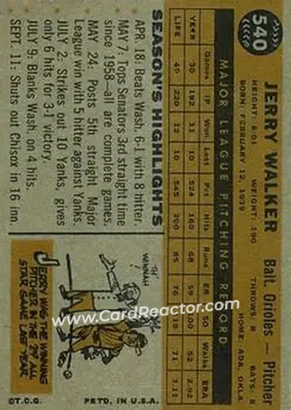 1960 Topps #540 - Jerry Walker - Baltimore Orioles - Back