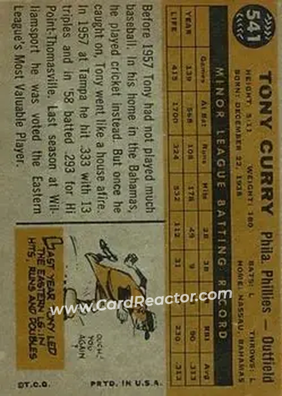 1960 Topps #541 - Tony Curry - Philadelphia Phillies - Back
