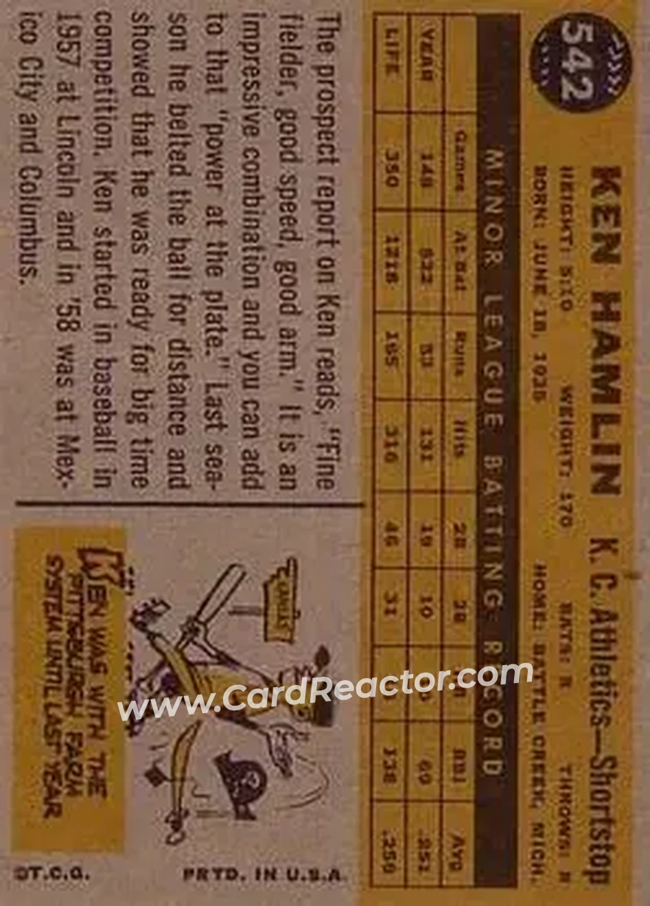 1960 Topps #542 - Ken Hamlin - Kansas City Athletics - Back 1960 Topps #542 - Ken Hamlin - Kansas City Athletics - Back