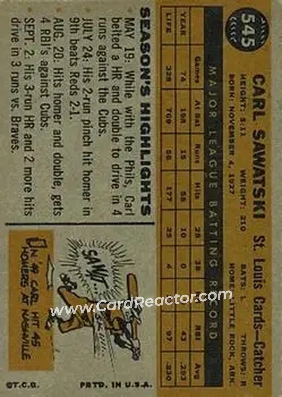 1960 Topps #545 - Carl Sawatski - St. Louis Cardinals - Back