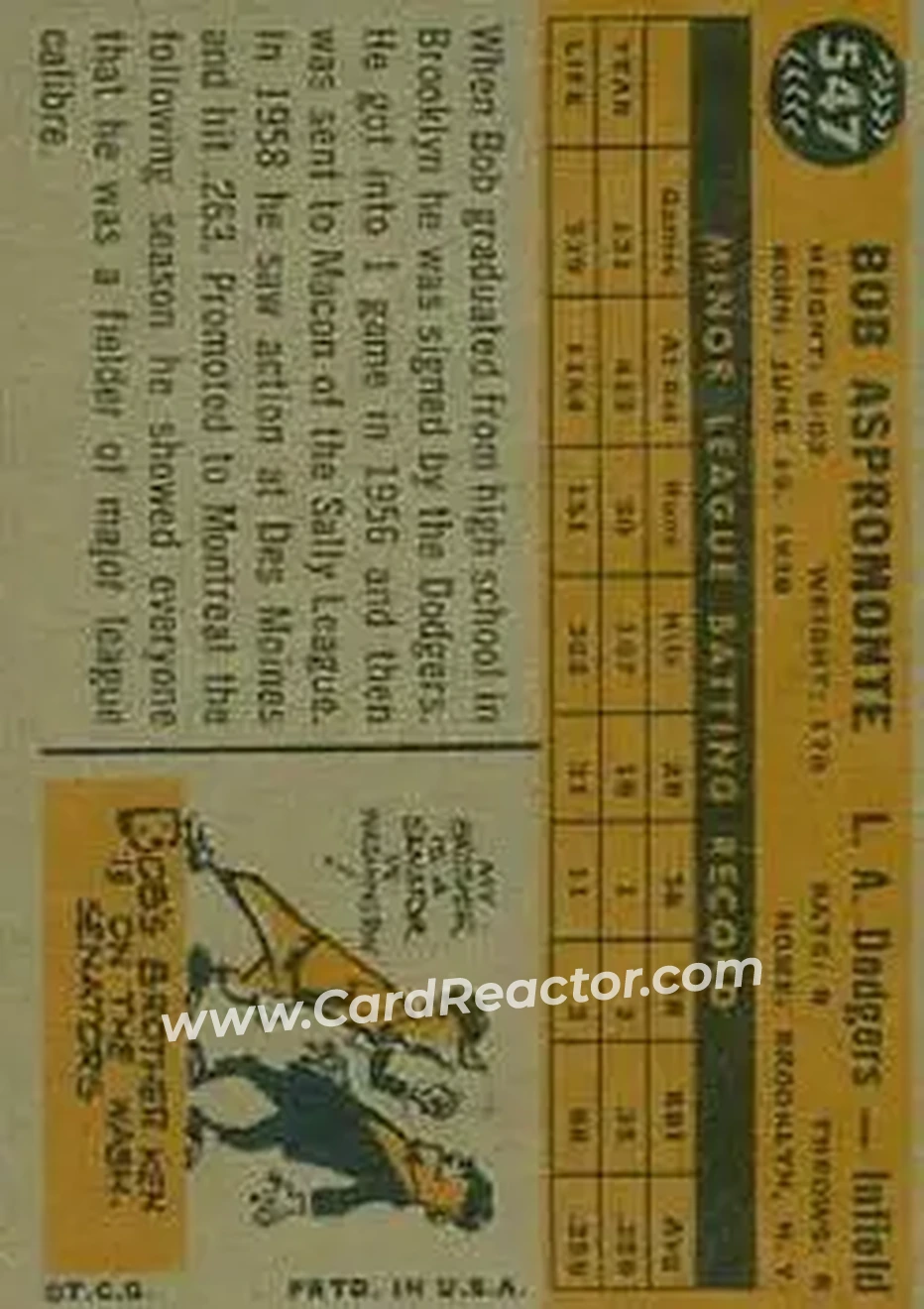 1960 Topps #547 - Bob Aspromonte - Los Angeles Dodgers - Back 1960 Topps #547 - Bob Aspromonte - Los Angeles Dodgers - Back
