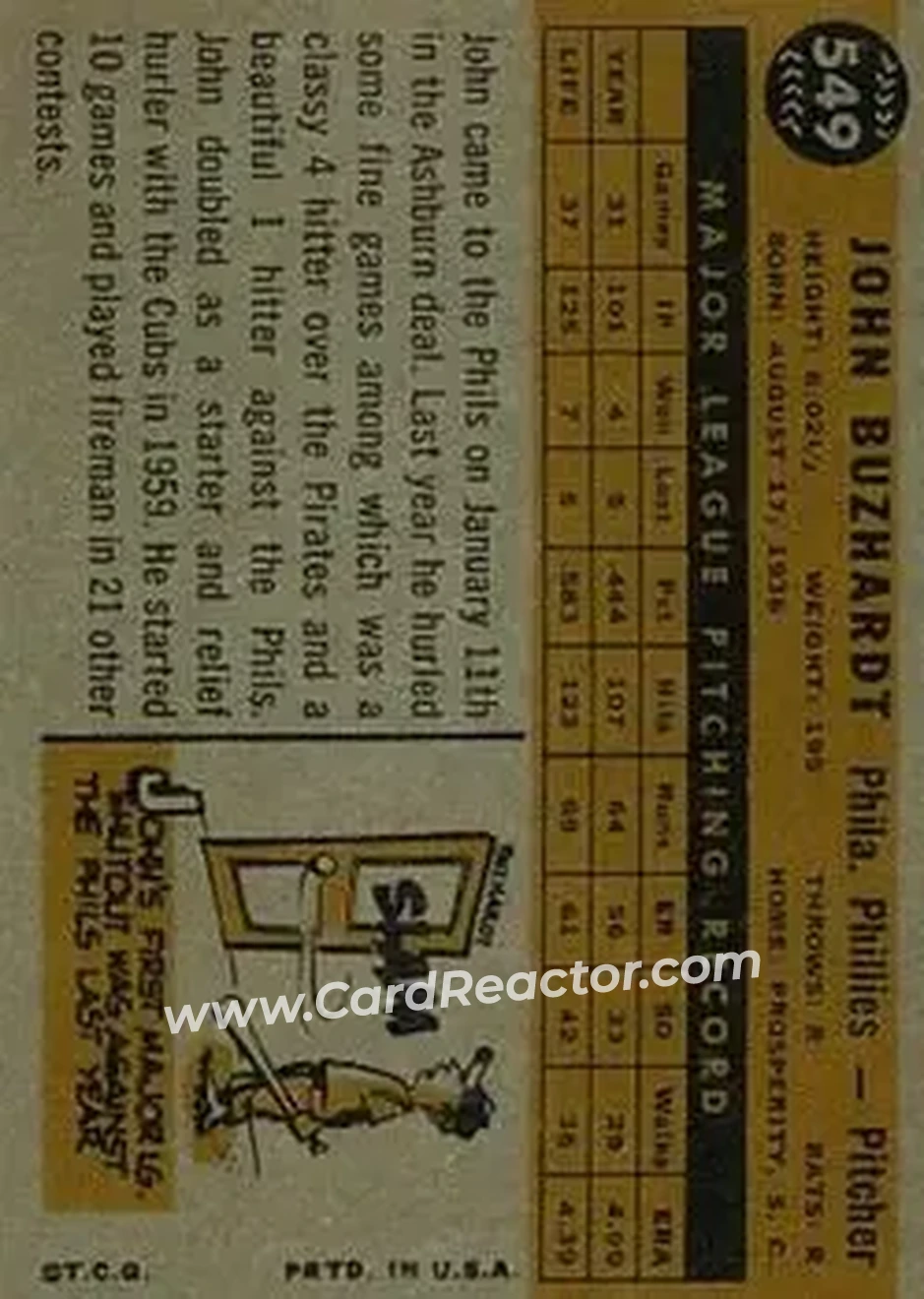 1960 Topps #549 - John Buzhardt - Philadelphia Phillies - Back