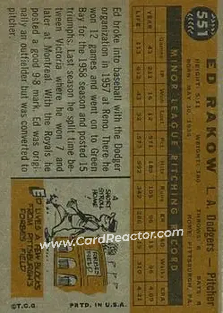 1960 Topps #551 - Ed Rakow - Los Angeles Dodgers - Back 1960 Topps #551 - Ed Rakow - Los Angeles Dodgers - Back