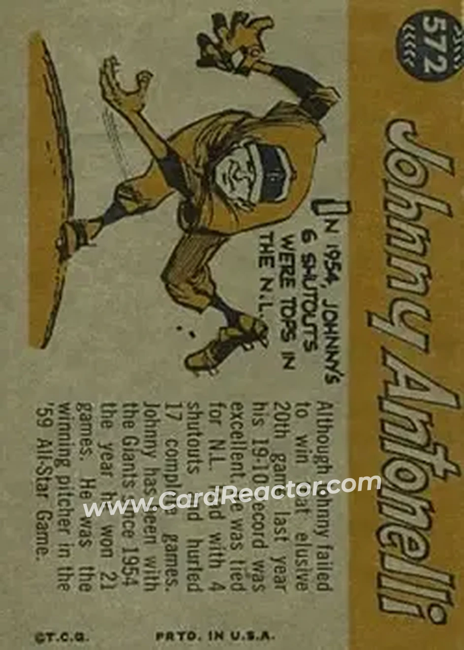 1960 Topps #572 - Johnny Antonelli - San Francisco Giants - Back 1960 Topps #572 - Johnny Antonelli - San Francisco Giants - Back