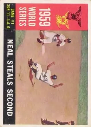 1960 Topps #385 - 1959 World Series Game #1 - Neal Steals Second WS, VAR - Los Angeles Dodgers - Los Angeles Dodgers