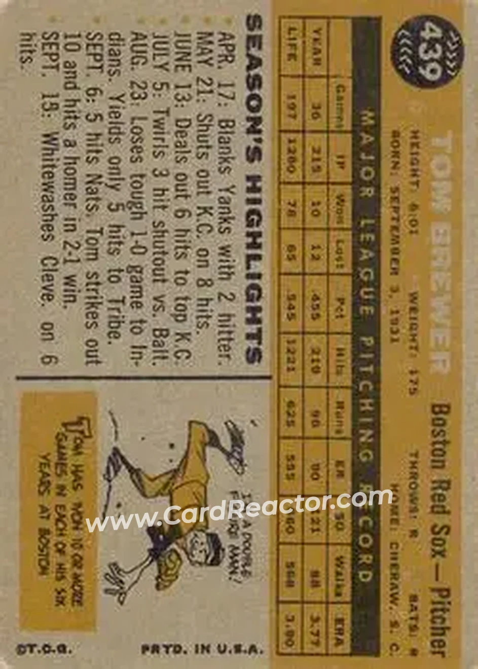 1960 Topps #439 - Tom Brewer - Boston Red Sox - Back