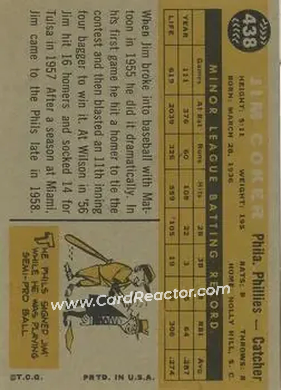 1960 Topps #438 - Jim Coker - Philadelphia Phillies - Back 1960 Topps #438 - Jim Coker - Philadelphia Phillies - Back
