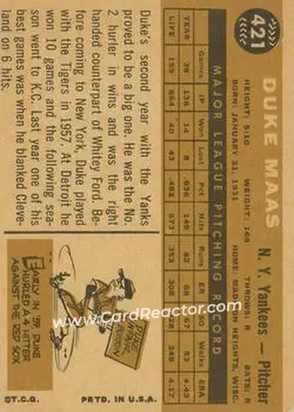 1960 Topps #421 - Duke Maas - New York Yankees - Back 1960 Topps #421 - Duke Maas - New York Yankees - Back