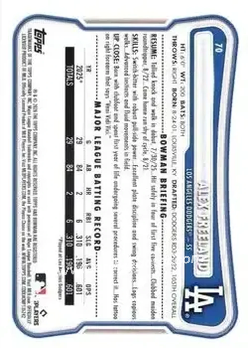2026 Bowman - Fuchsia #70 - Alex Freeland - Los Angeles Dodgers - Back 2026 Bowman - Fuchsia #70 - Alex Freeland - Los Angeles Dodgers - Back