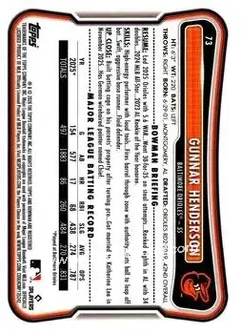 2026 Bowman - Fuchsia #73 - Gunnar Henderson - Baltimore Orioles - Back