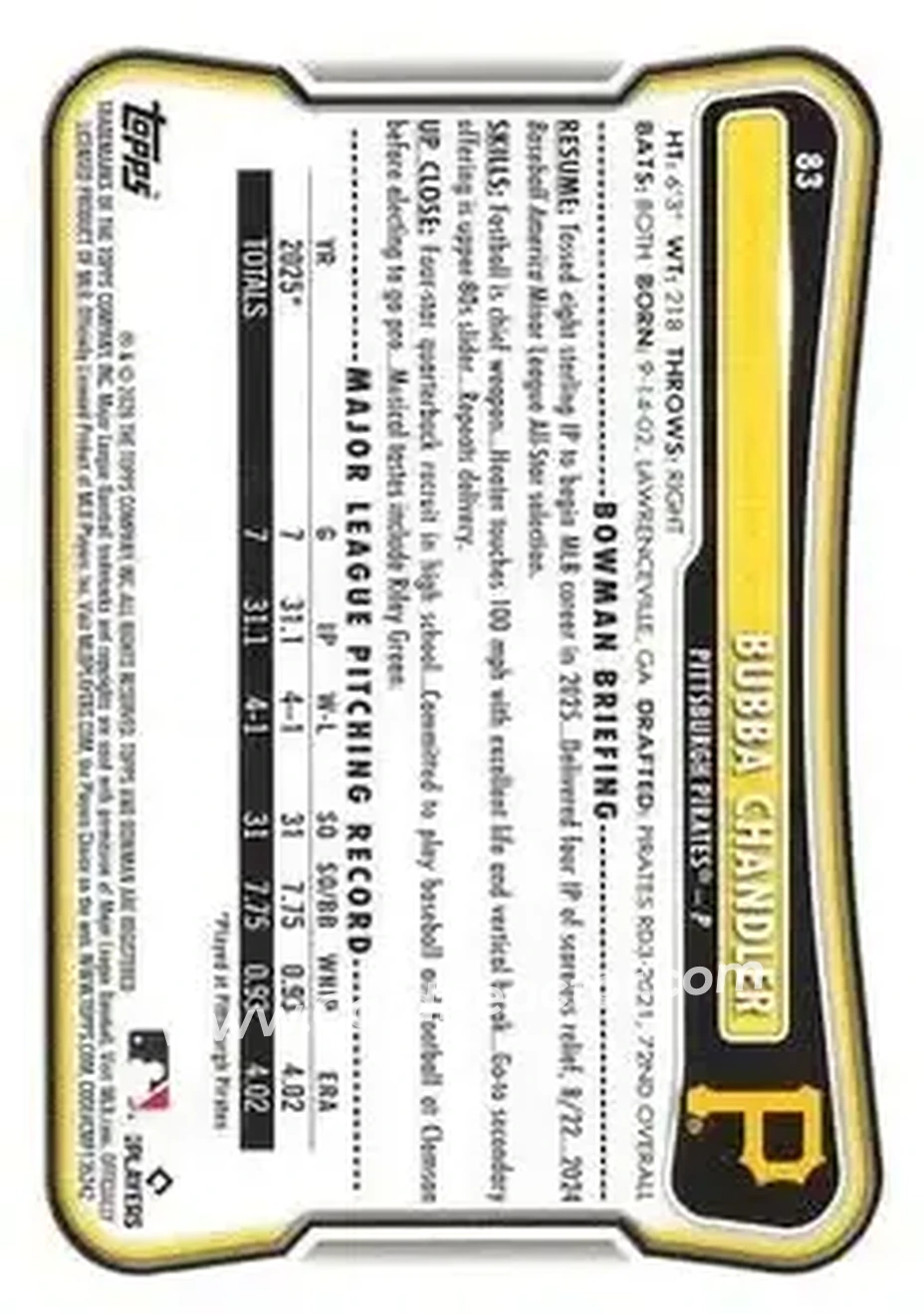 2026 Bowman - Fuchsia #83 - Bubba Chandler - Pittsburgh Pirates - Back